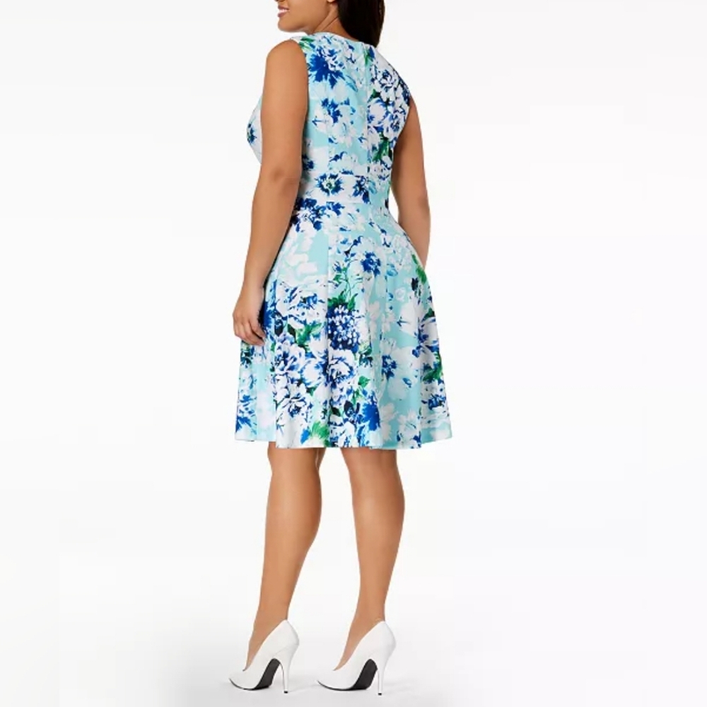 Calvin Klein Floral Sleeveless Fit and Flare Dress Size 8 Green Blue Sea Glass - Picture 2 of 14